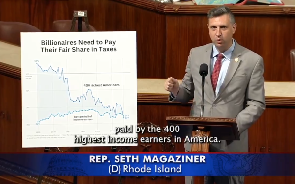 Rep. Magaziner in front of a graph