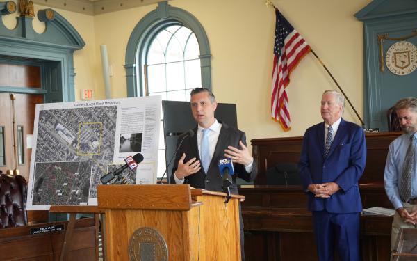 Magaziner Speaking About Flood Funding for Cranston